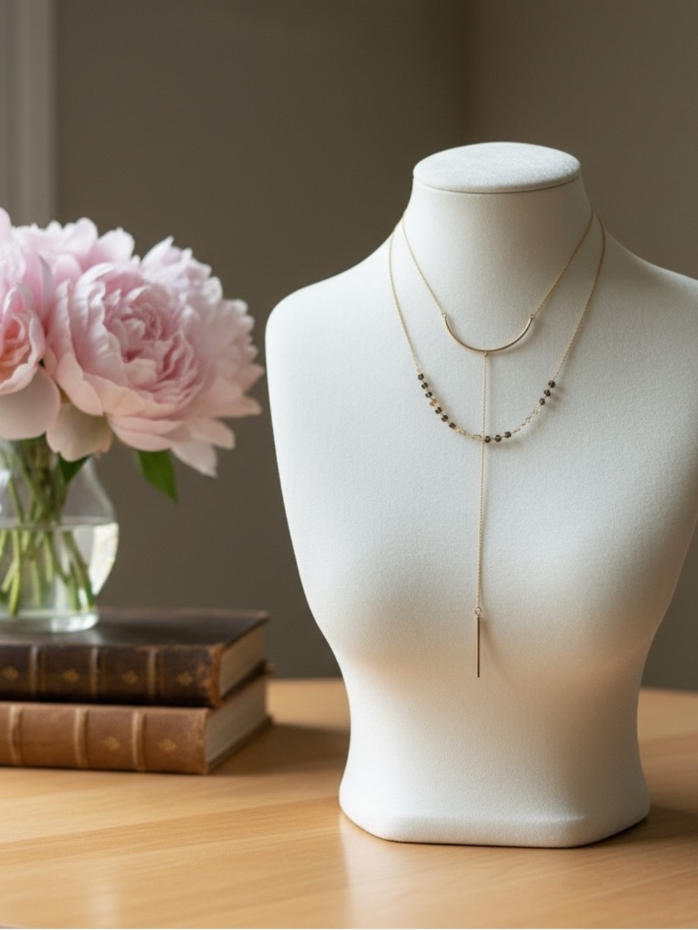 Double Layered Gold Lariat Necklace with Beaded Curve - Women Jewelry